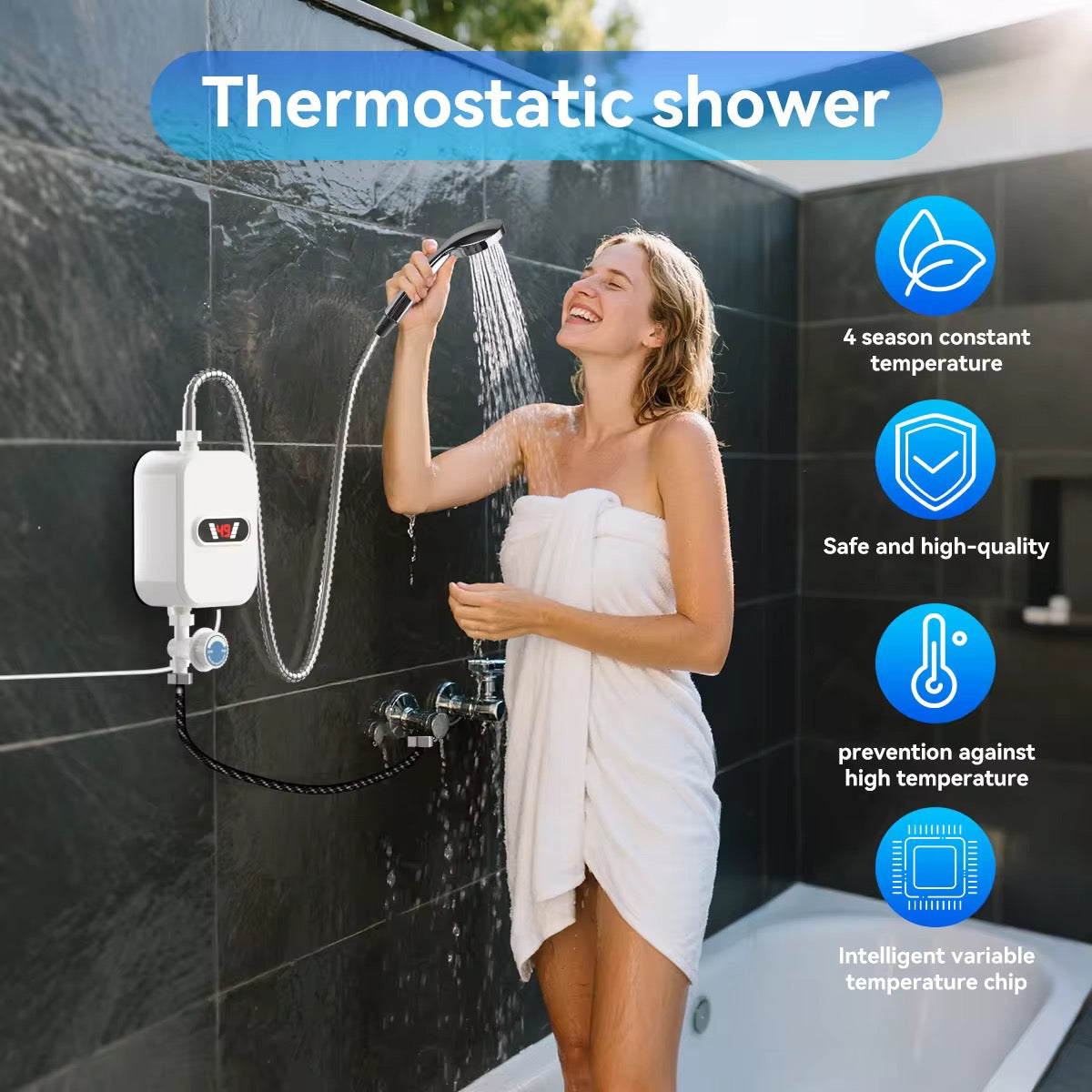 Chauffe-Eau électrique Instantané, Mini Chauffe-Eau Instantané 3500 W Avec Affichage NuméRique LED, Douche à Eau Chaude, Ensemble de Douche Thermostatique, Petite Cuisine, Salle de Bain, MéNage [Classe énergétique A]