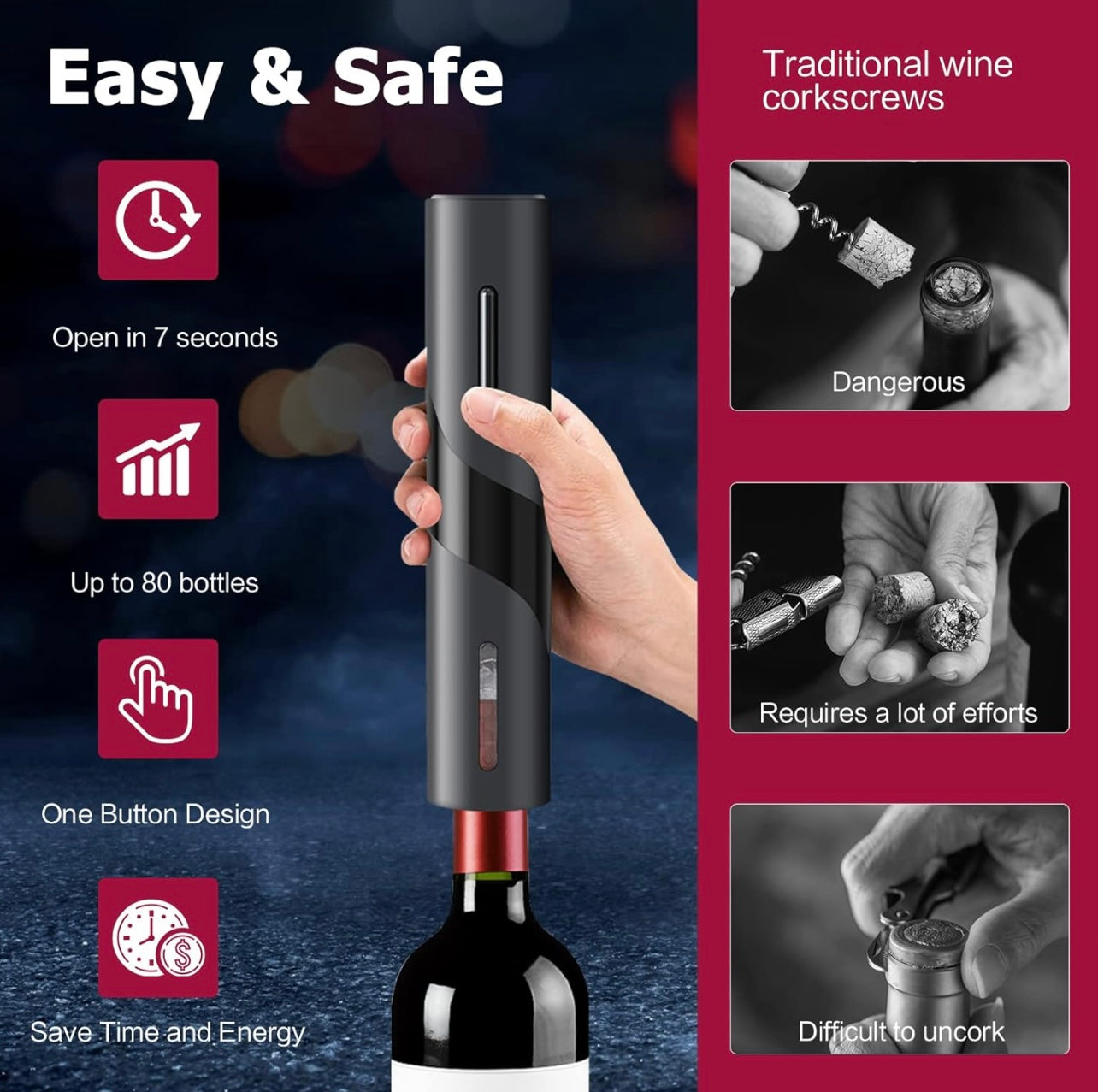 Tire Bouchon Électrique, Ouvre Bouteille Professionnel pour Vin Sans Fil Décapsuleur Automatique avec USB, Coupe-capsule, Bouchon de Bouteille de Vin et Bec Verseur, pour la maison, le restaurant