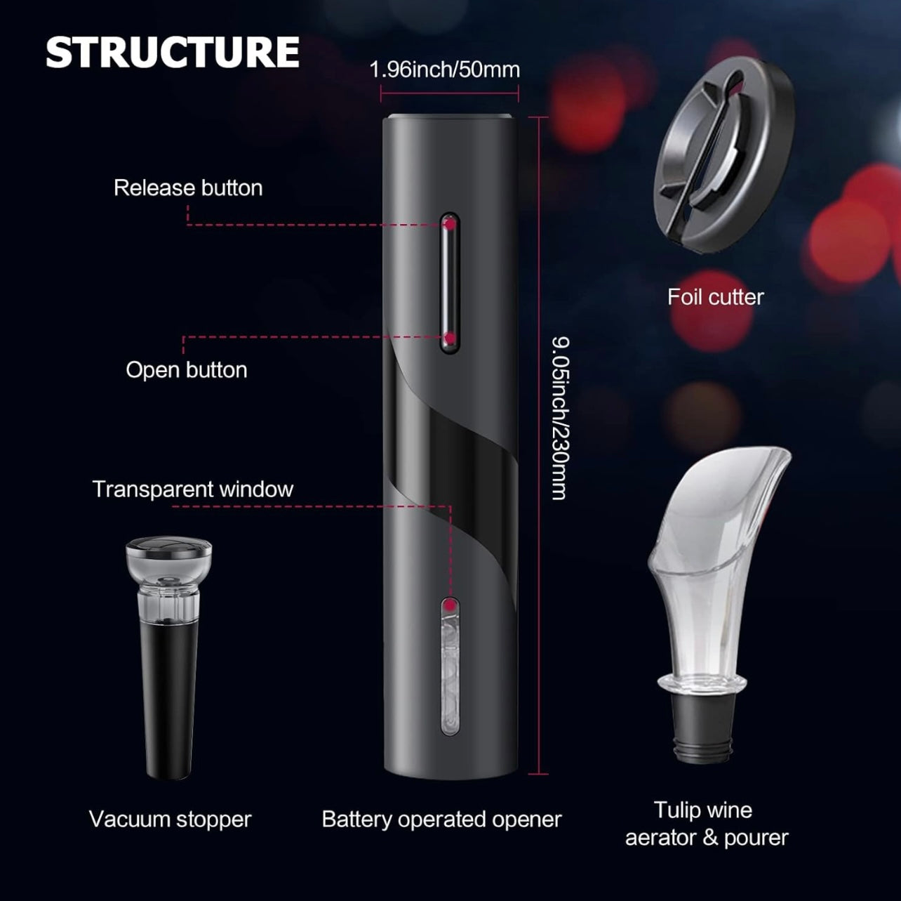 Tire Bouchon Électrique, Ouvre Bouteille Professionnel pour Vin Sans Fil Décapsuleur Automatique avec USB, Coupe-capsule, Bouchon de Bouteille de Vin et Bec Verseur, pour la maison, le restaurant