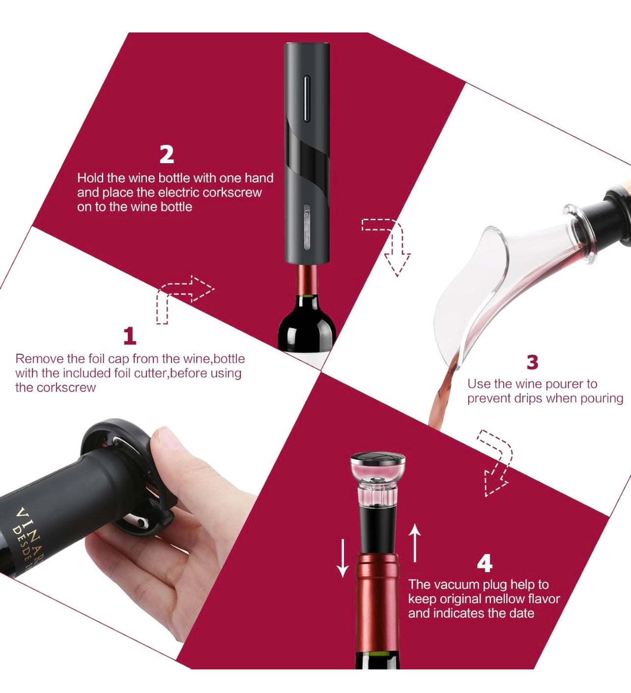 Tire Bouchon Électrique, Ouvre Bouteille Professionnel pour Vin Sans Fil Décapsuleur Automatique avec USB, Coupe-capsule, Bouchon de Bouteille de Vin et Bec Verseur, pour la maison, le restaurant